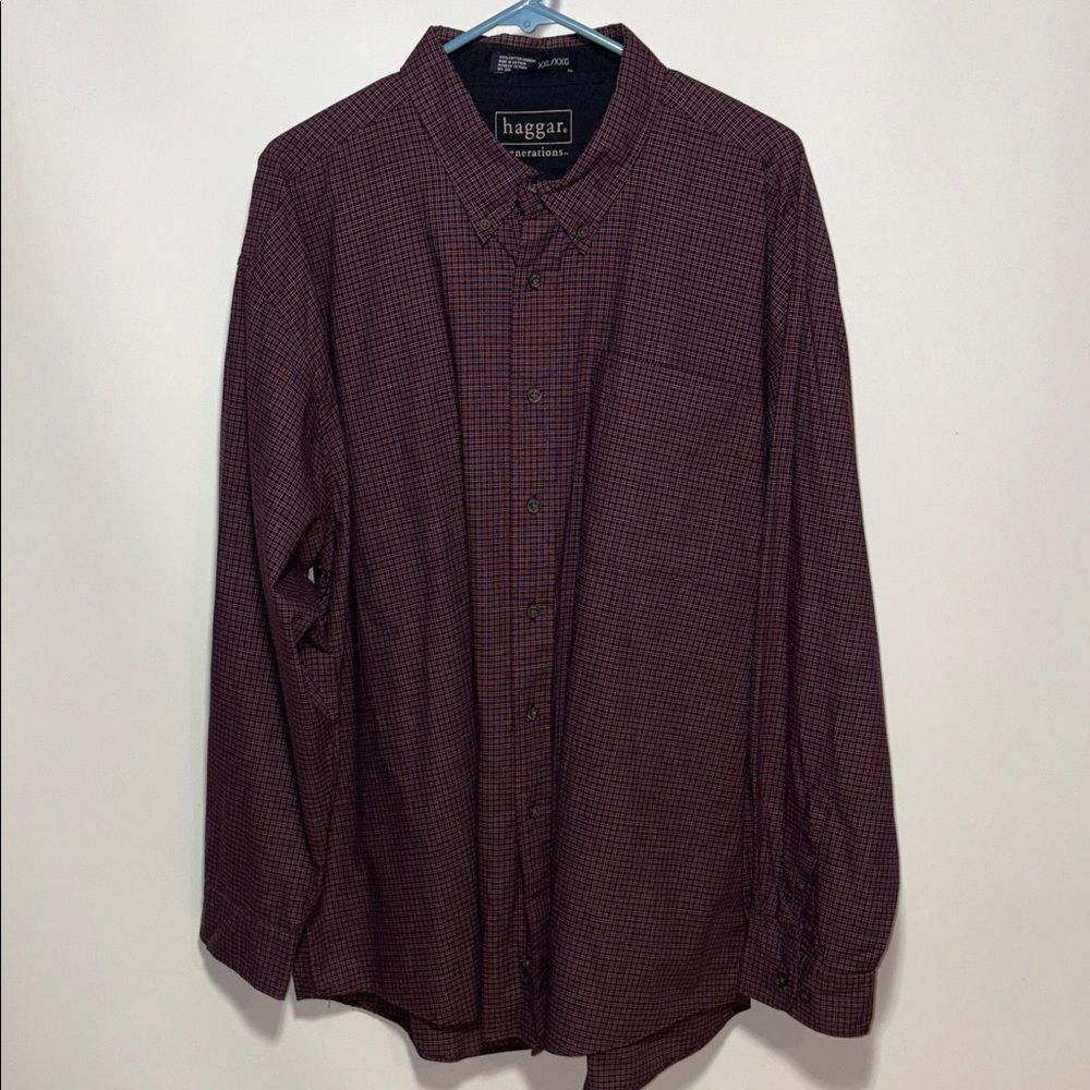 Haggar Men's Maroon Plaid Button Down Shirt